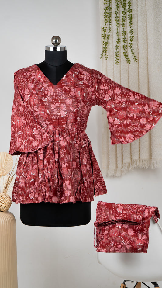 Maroon Floral Cotton Co-Ord Set with Bell Sleeves