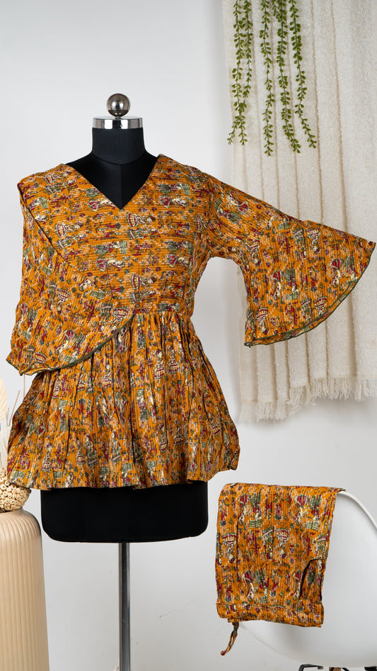 Yellow Multicolor Floral Cotton Co-Ord Set with Bell Sleeves