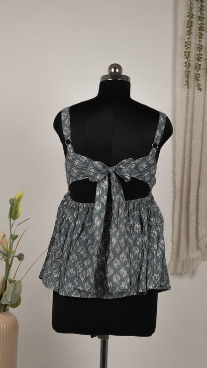 Grey Ikat Print Cotton Tie-Back Dress