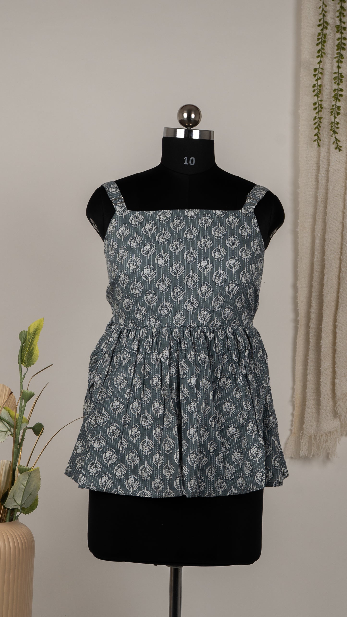 Grey Ikat Print Cotton Tie-Back Dress