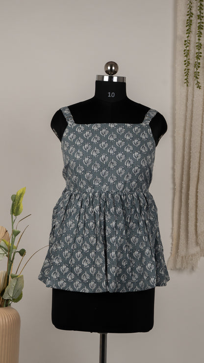 Grey Ikat Print Cotton Tie-Back Dress