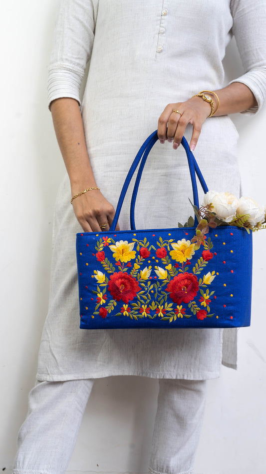 Blue Hamper Bag With Flowers - Medium