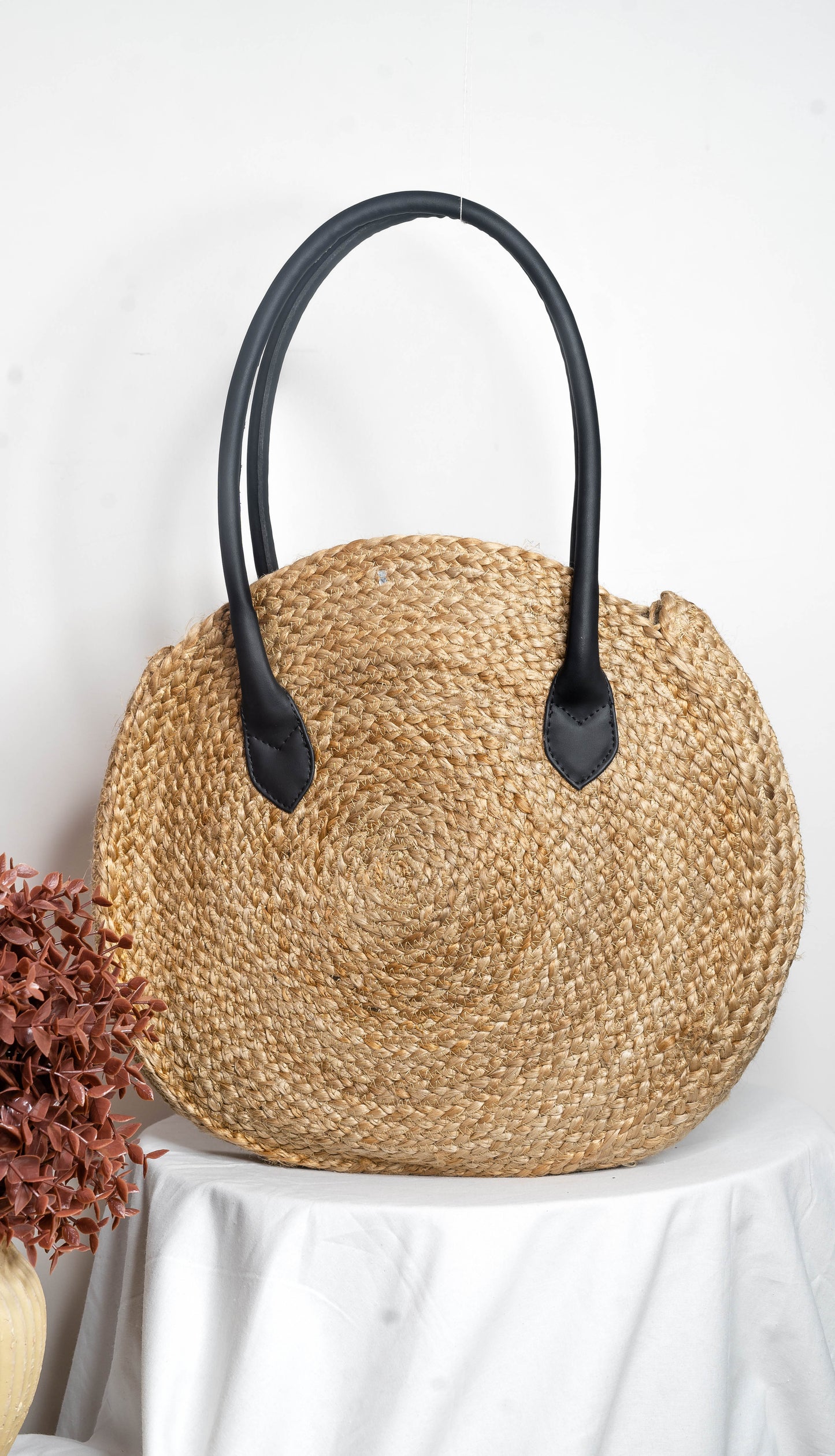 Round Jute Leather Tote