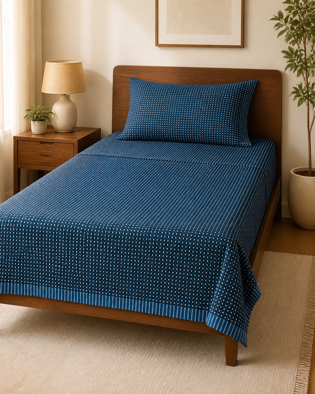 Viking Chennimalai Bedsheet - Denim Blue — Warm-room styling view