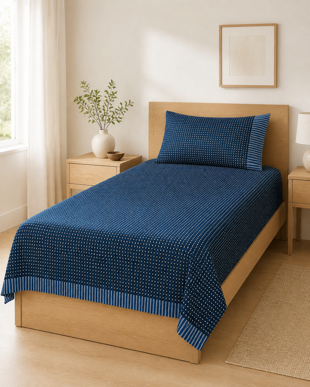 Viking Chennimalai Bedsheet - Denim Blue — Bright-room styling view