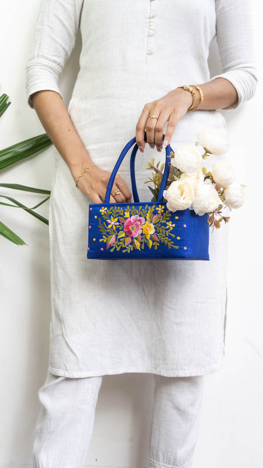 Blue Hamper Bag With Flowers - Extra Small