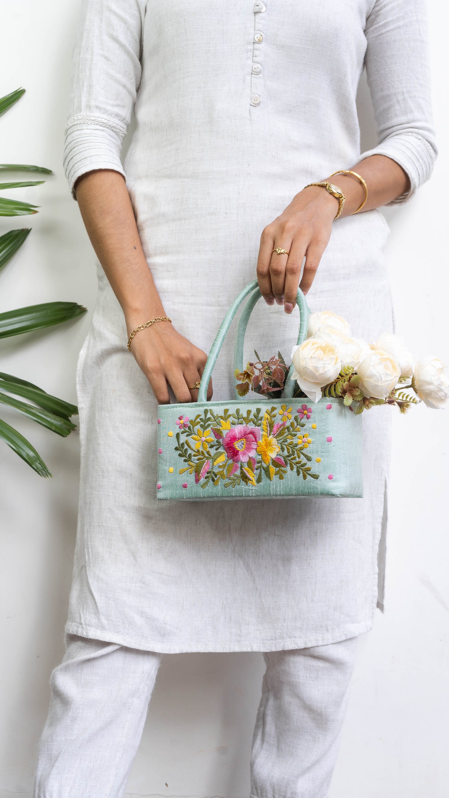 Turquoise Hamper Bag With Flowers - Extra Small