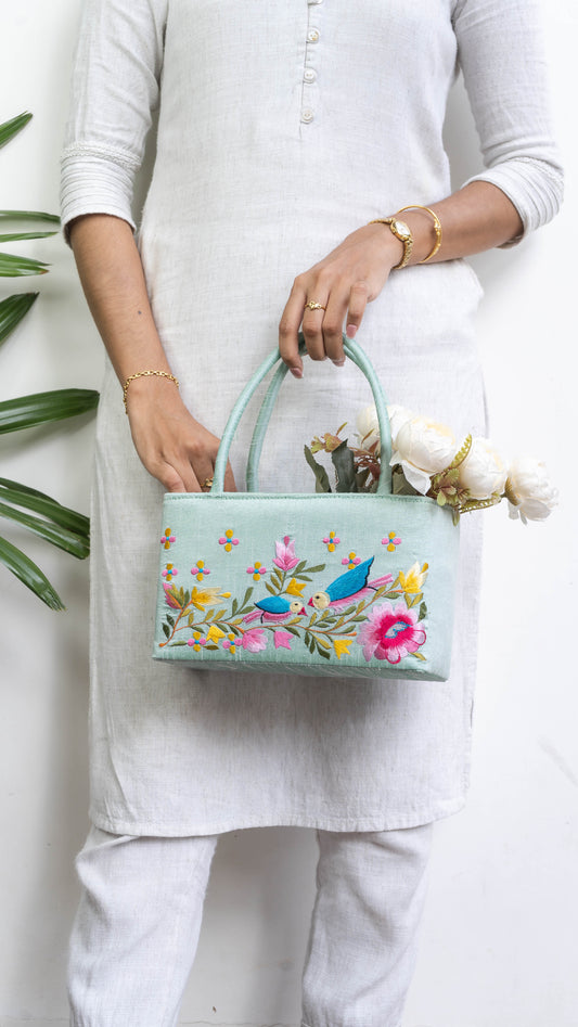 Turquoise Hamper Bag With Birds - Small