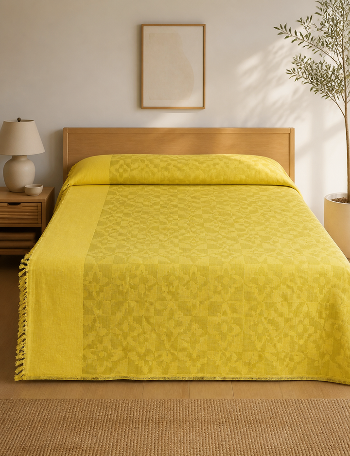 Yellow Bliss Flower Pattern Lovely Chennimalai Bedsheet — Warm-room styling view