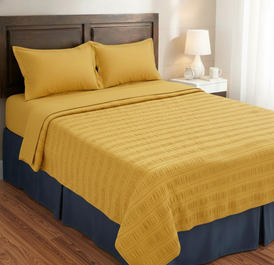 Premium handloom stripe emboss Chennimalai Double Cot Bedspread - Mustard
