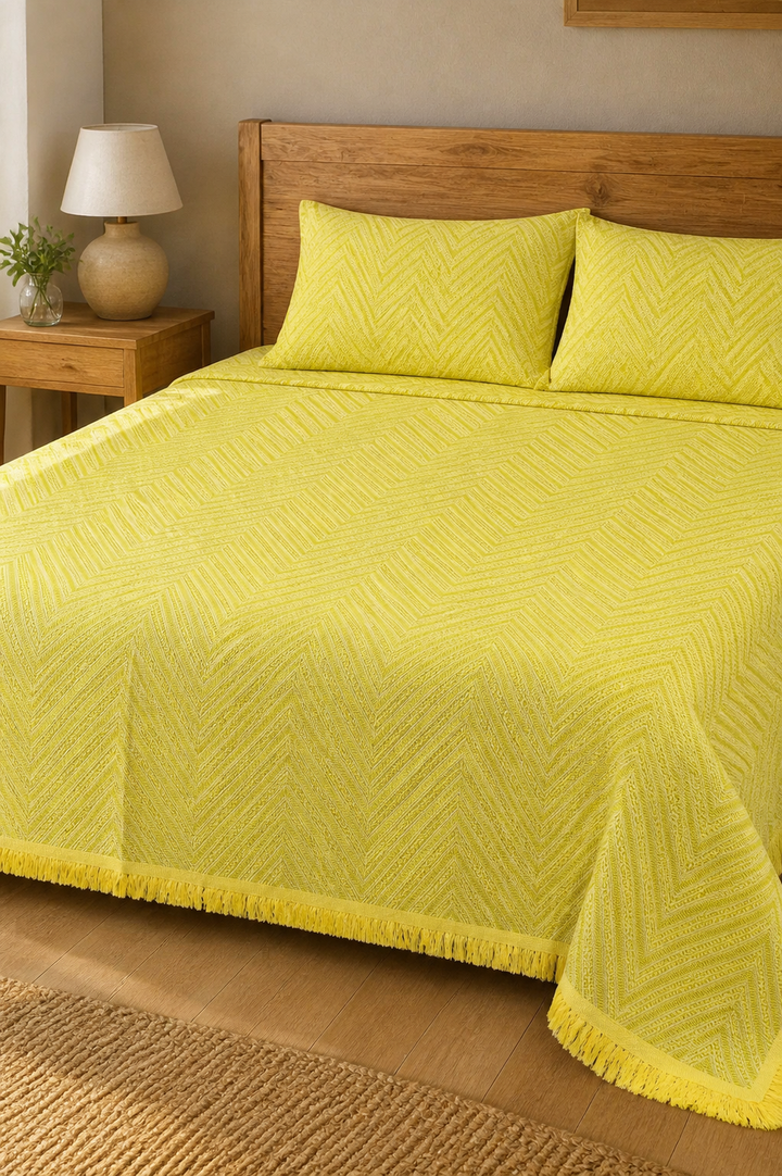 Yellow Zig Zag Lovely Chennimalai Bedsheet — Warm-room styling view
