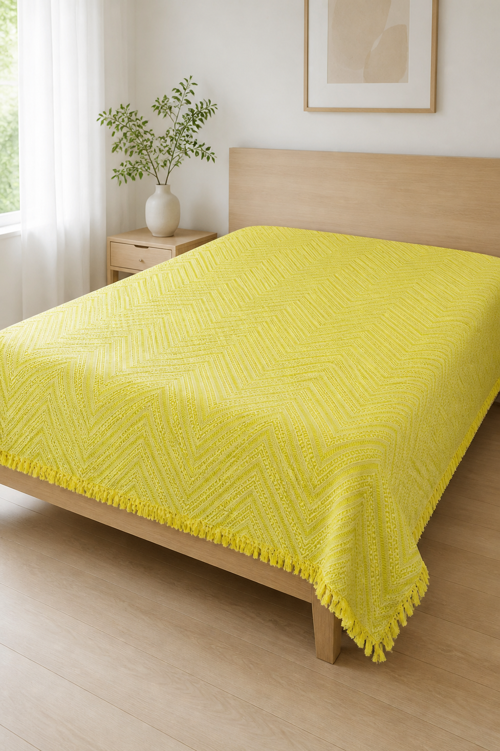 Yellow Zig Zag Lovely Chennimalai Bedsheet — Bright-room styling view