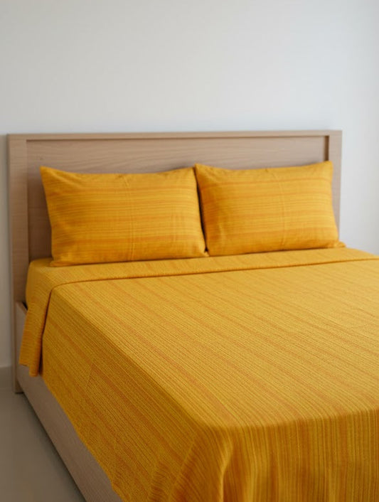 Single Cot Chennimalai Bedspread Mustard Yellow Textured and pillows on a bed with a wooden headboard against a white wall.