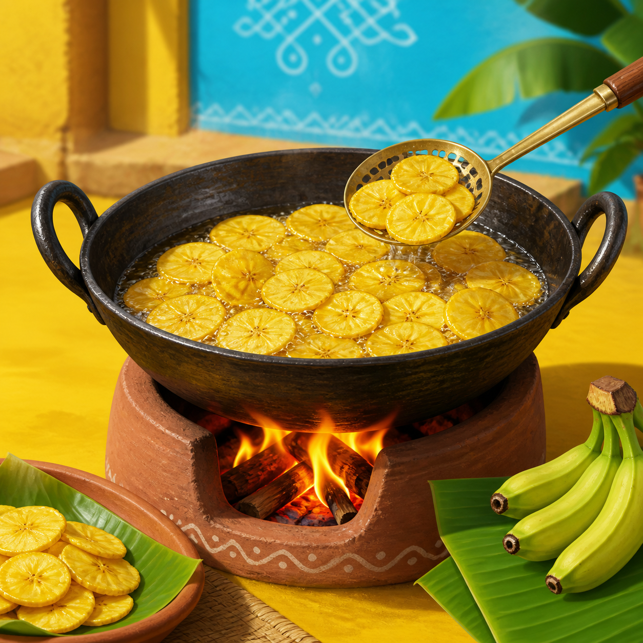 Banana chips being traditionally cooked